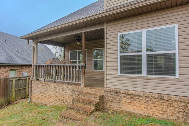 exterior space featuring covered porch and ceiling fan