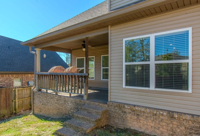 exterior space featuring ceiling fan