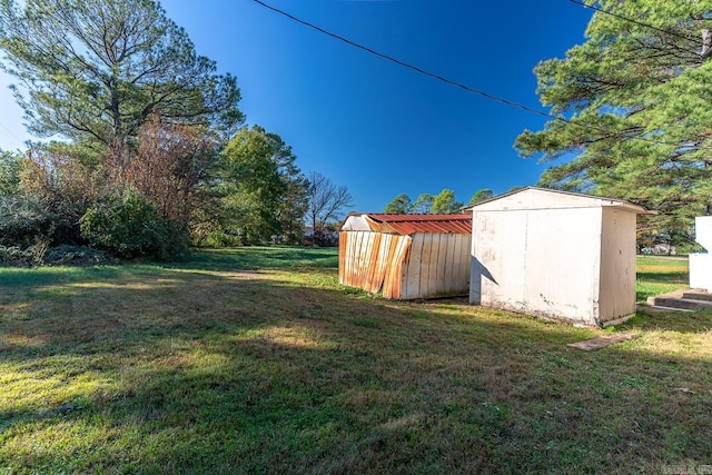 view of yard featuring a storage unit