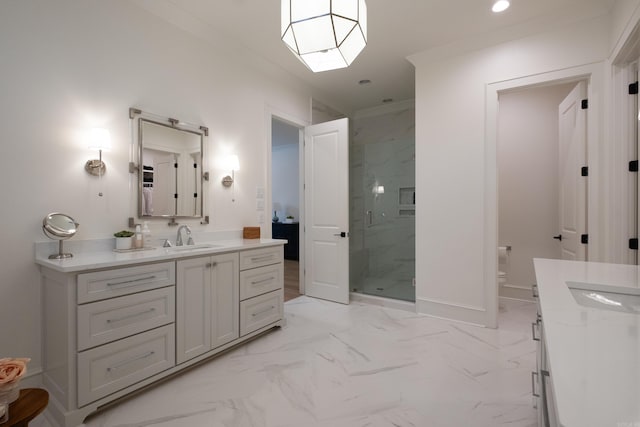 bathroom featuring walk in shower, vanity, and crown molding