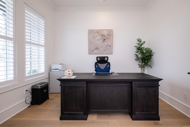 home office featuring ornamental molding and light hardwood / wood-style flooring