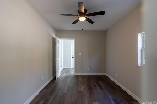 spare room featuring dark wood-type flooring and ceiling fan