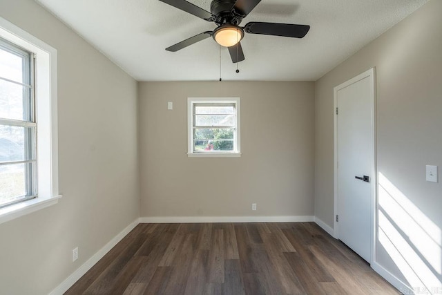 empty room with ceiling fan and dark hardwood / wood-style floors