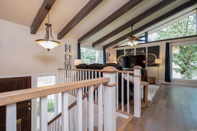 interior space with vaulted ceiling with beams, a healthy amount of sunlight, and wood-type flooring