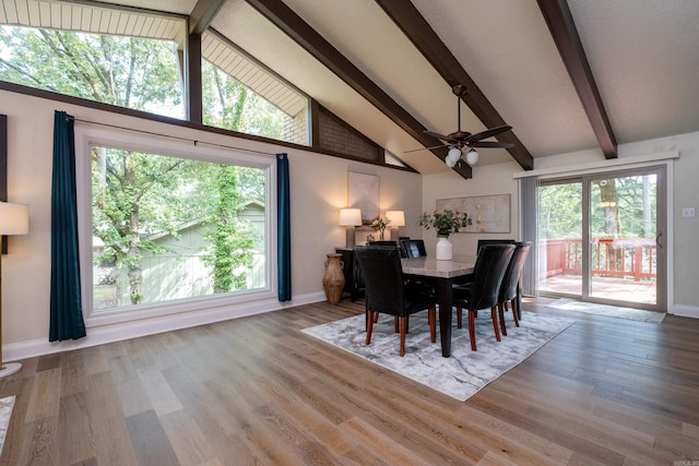 dining space featuring beamed ceiling, light hardwood / wood-style floors, ceiling fan, and high vaulted ceiling