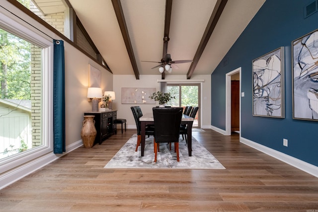 dining area featuring lofted ceiling with beams, light hardwood / wood-style flooring, and ceiling fan