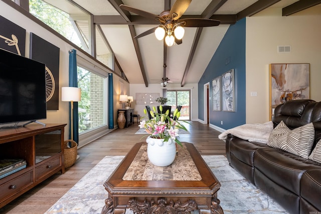 living room featuring lofted ceiling with beams, ceiling fan, and light hardwood / wood-style floors