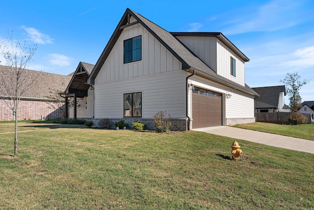 view of property exterior featuring a garage and a yard