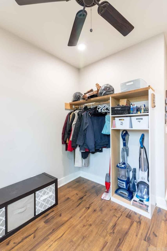 walk in closet featuring ceiling fan and wood-type flooring