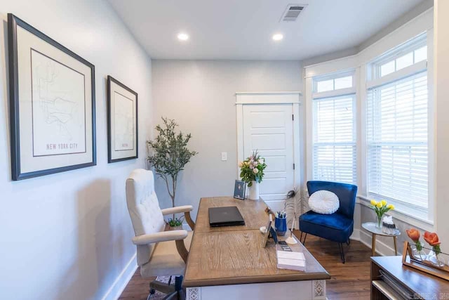 office space featuring dark wood-type flooring