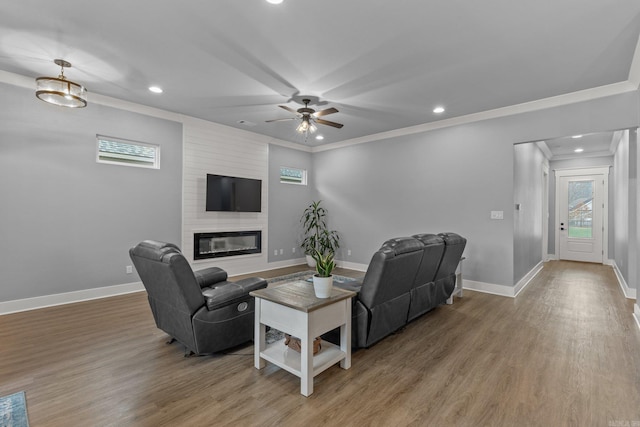 living room featuring ceiling fan, a large fireplace, crown molding, and hardwood / wood-style flooring