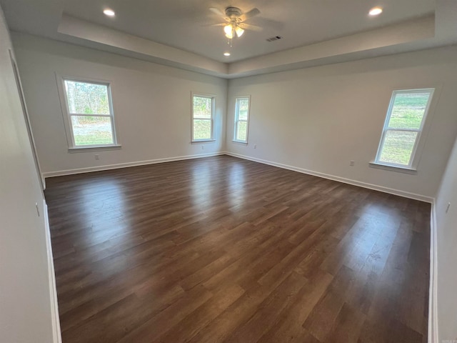 unfurnished room featuring a tray ceiling, dark wood-type flooring, and a healthy amount of sunlight