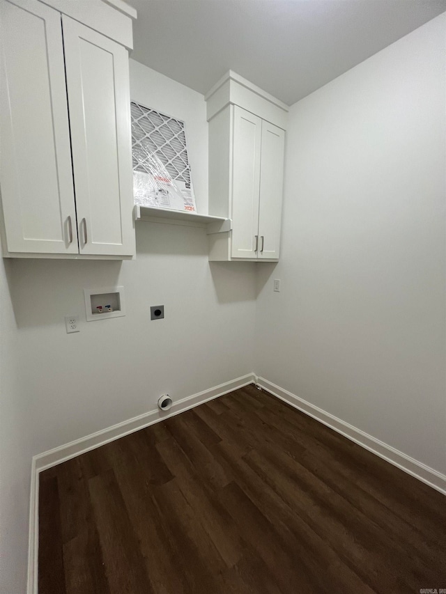 laundry room with cabinets, hookup for a washing machine, dark wood-type flooring, and hookup for an electric dryer