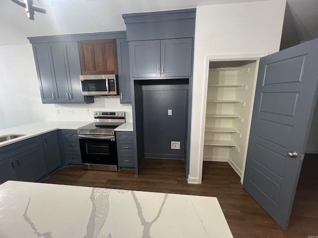 kitchen with appliances with stainless steel finishes, dark wood-type flooring, and sink