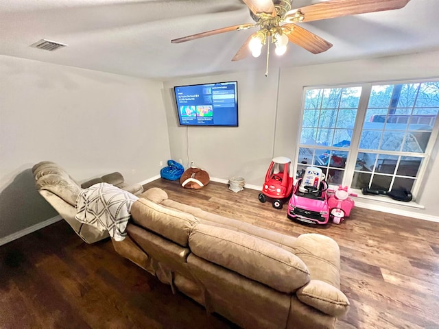 rec room with ceiling fan and wood-type flooring