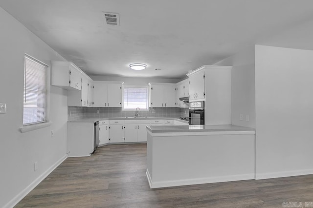 kitchen with dark hardwood / wood-style floors, kitchen peninsula, white cabinets, and sink