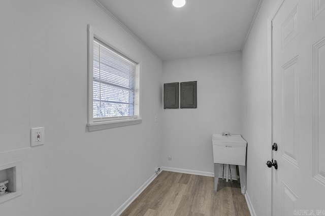 laundry room with electric panel, crown molding, hookup for a washing machine, and light wood-type flooring