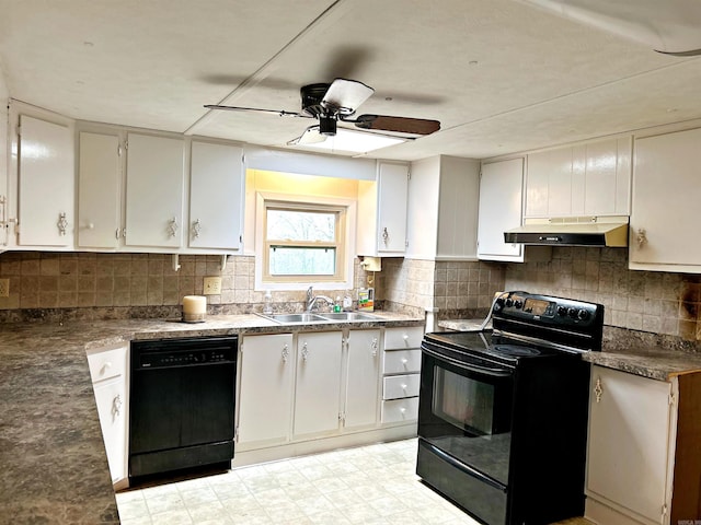 kitchen featuring black appliances, ceiling fan, white cabinets, and sink