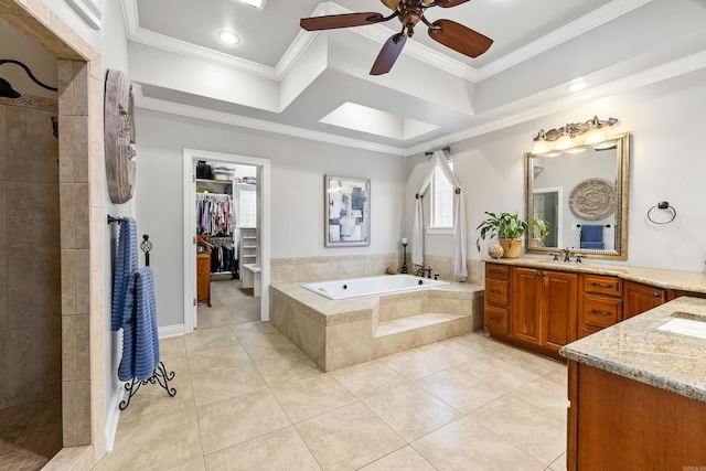 bathroom featuring separate shower and tub, ceiling fan, tile patterned flooring, and ornamental molding