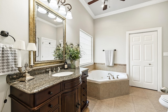 bathroom with vanity, ceiling fan, ornamental molding, and tiled bath