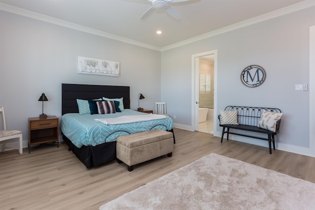 bedroom with light hardwood / wood-style floors, ceiling fan, crown molding, and ensuite bathroom