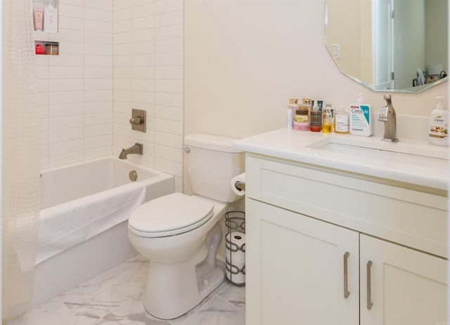 full bathroom with vanity, shower / bath combination with curtain, and toilet