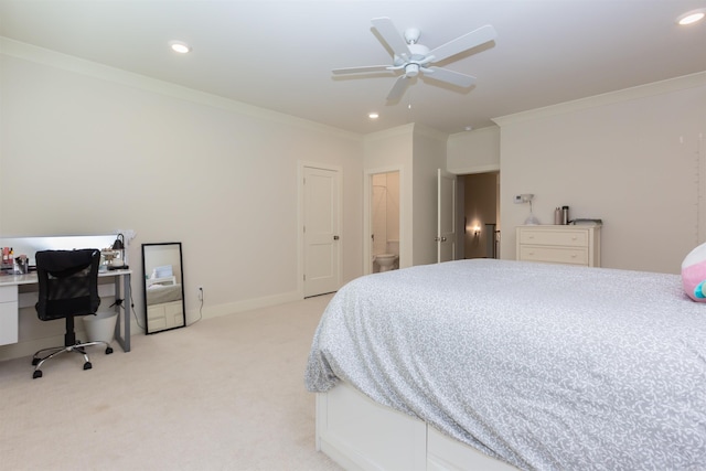 bedroom with light carpet, ceiling fan, and crown molding