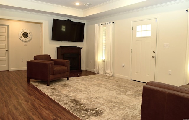 foyer entrance featuring dark hardwood / wood-style flooring, a raised ceiling, and ornamental molding