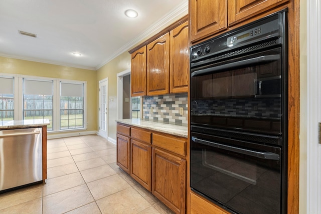 kitchen with dishwasher, backsplash, black double oven, light tile patterned floors, and ornamental molding