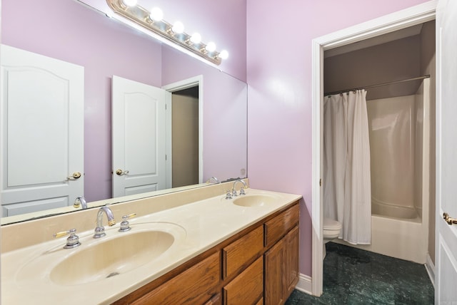 full bathroom with vanity, shower / bathtub combination with curtain, and toilet