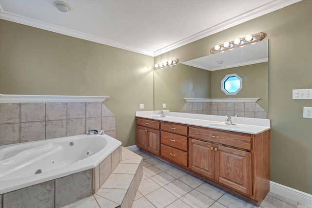 bathroom with tile patterned flooring, vanity, a relaxing tiled tub, and ornamental molding