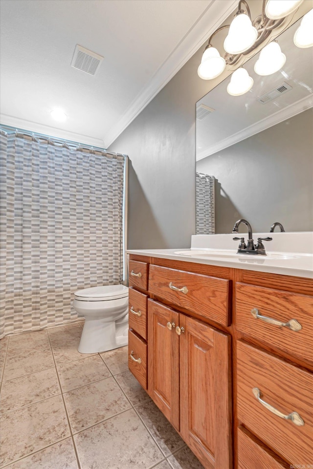 bathroom featuring curtained shower, tile patterned floors, crown molding, toilet, and vanity