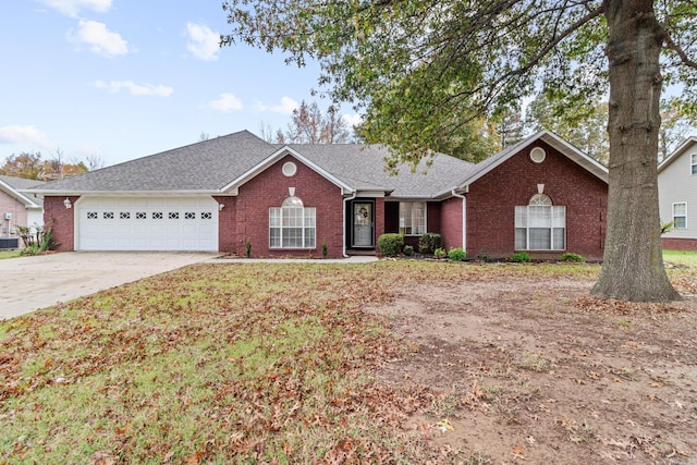 single story home featuring a garage, concrete driveway, brick siding, and a shingled roof