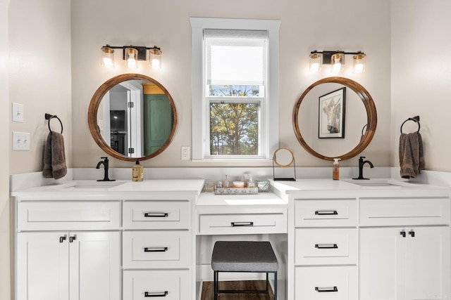 bathroom with vanity and wood-type flooring