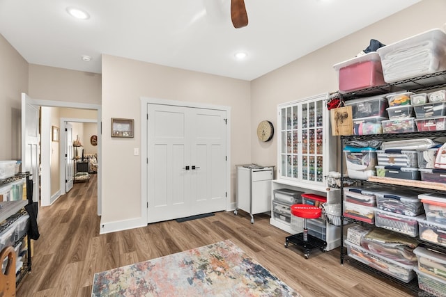 foyer entrance featuring ceiling fan and hardwood / wood-style flooring