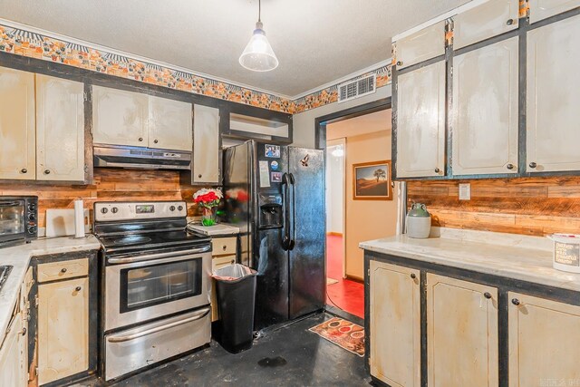 kitchen with tasteful backsplash, black refrigerator with ice dispenser, pendant lighting, and stainless steel electric range oven