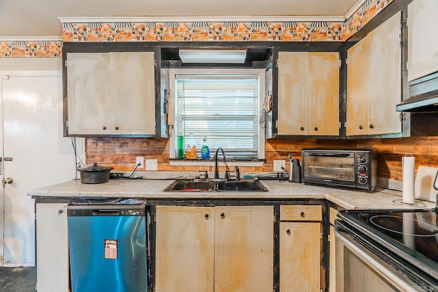 kitchen with black range with electric stovetop, dishwasher, light brown cabinets, sink, and ornamental molding