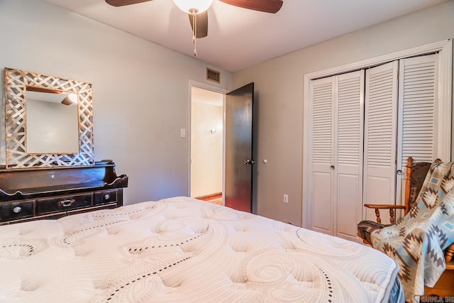 bedroom featuring ceiling fan and a closet