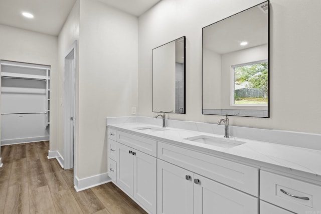 bathroom with vanity and wood-type flooring