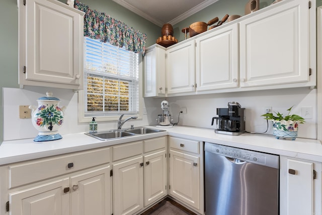 kitchen with crown molding, dishwasher, white cabinets, and sink