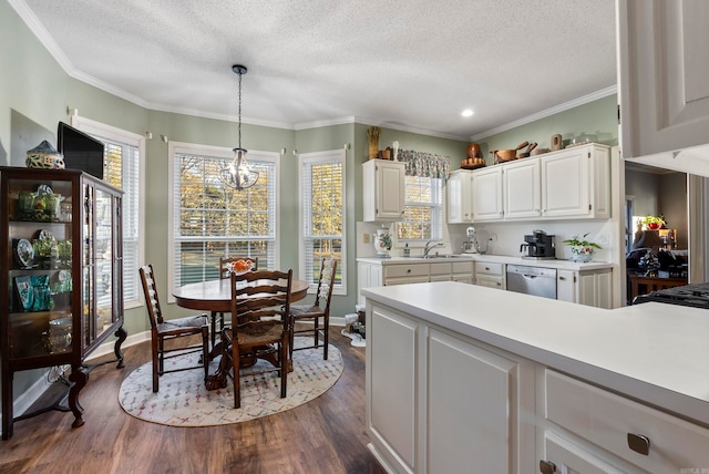 kitchen with stainless steel dishwasher, a textured ceiling, decorative light fixtures, white cabinets, and dark hardwood / wood-style floors