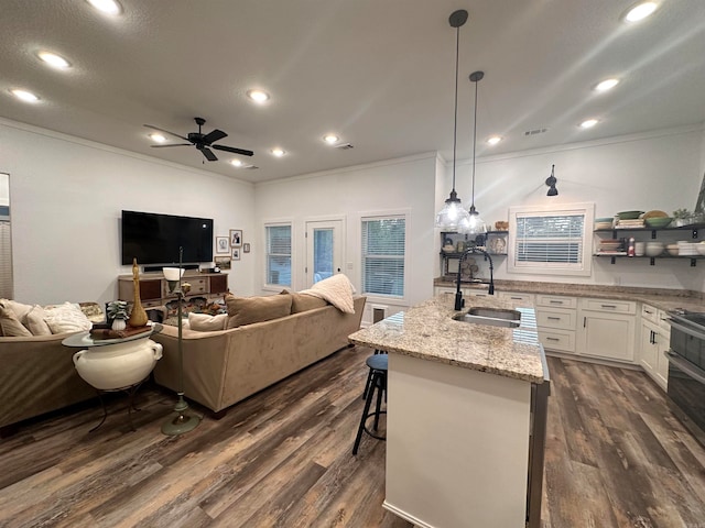 kitchen featuring dark wood-type flooring, sink, an island with sink, decorative light fixtures, and white cabinetry