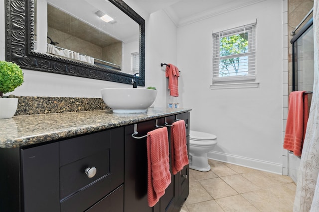 bathroom featuring tile patterned floors, walk in shower, ornamental molding, vanity, and toilet