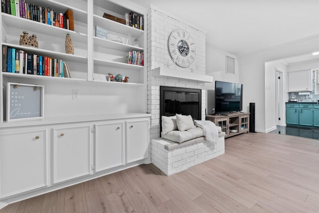 living room featuring a fireplace and light wood-type flooring