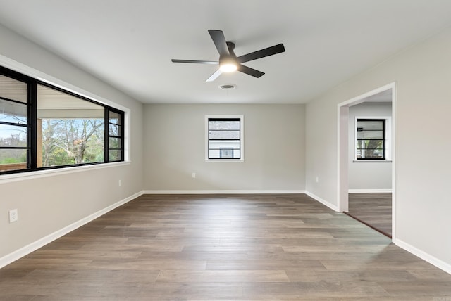 empty room with wood-type flooring, a wealth of natural light, and ceiling fan