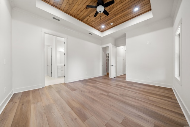 spare room featuring ceiling fan, light hardwood / wood-style flooring, a tray ceiling, wood ceiling, and ornamental molding