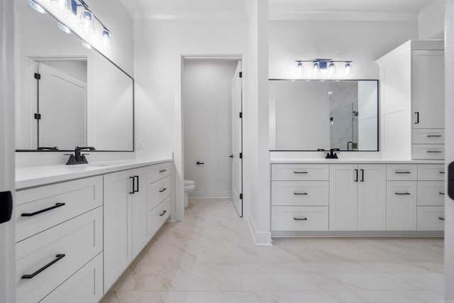 bathroom with crown molding, vanity, a shower with shower door, and toilet