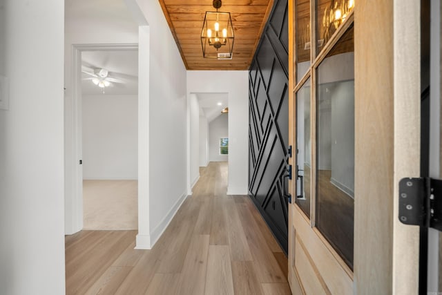 hallway with hardwood / wood-style floors and wood ceiling