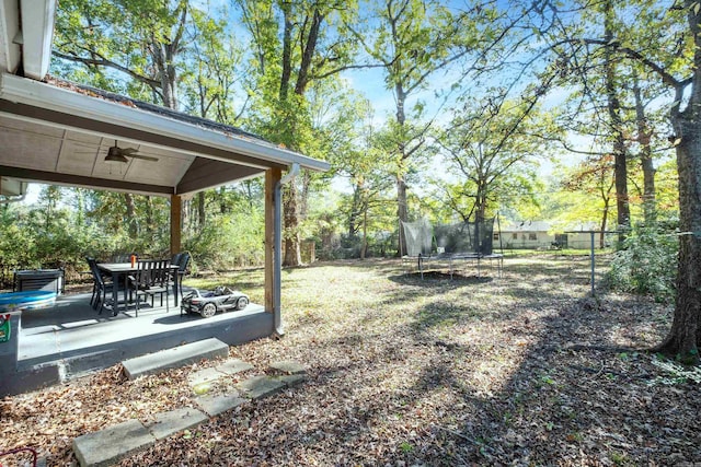 view of yard with ceiling fan and a trampoline