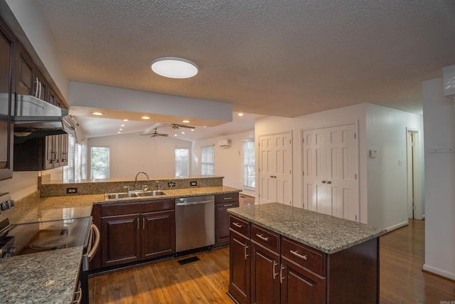 kitchen featuring kitchen peninsula, appliances with stainless steel finishes, sink, light hardwood / wood-style floors, and lofted ceiling